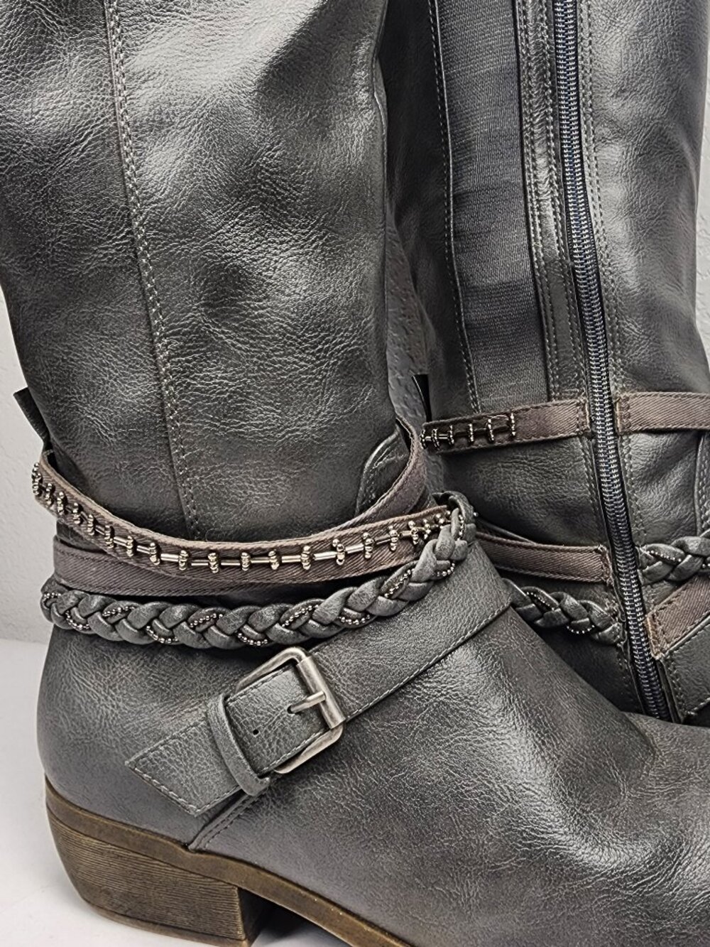 Sugar Trever Womens Size 9M Gray Tall Riding Boots Braided Strap Buckle Studded